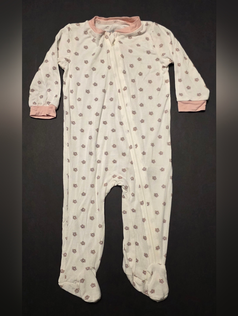 Baby Cream Floral Footie with Pink Trim - Soft Zipper Sleepwear Size 3-6 Mos.